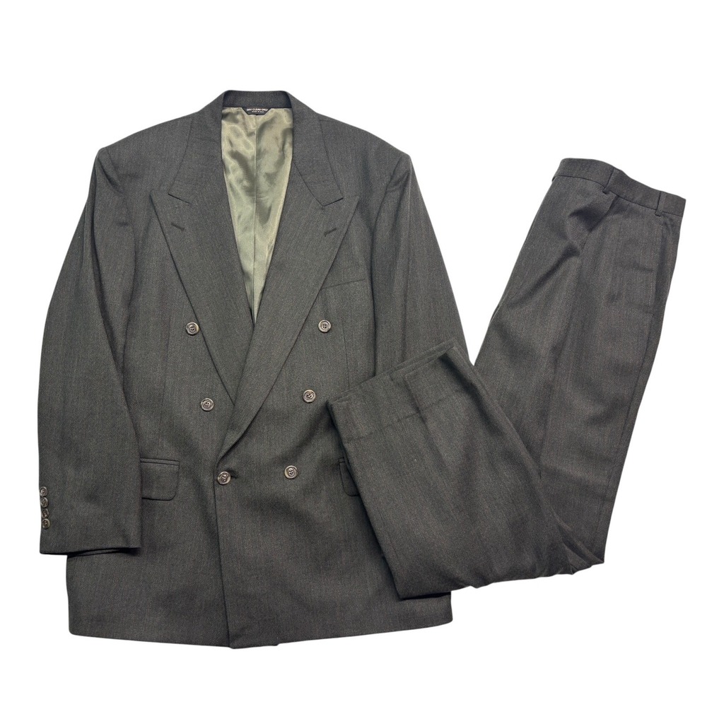 vtg 90s Bill Blass 44L 38x30 Olive Green Orange Stripe Double Breasted Suit USA